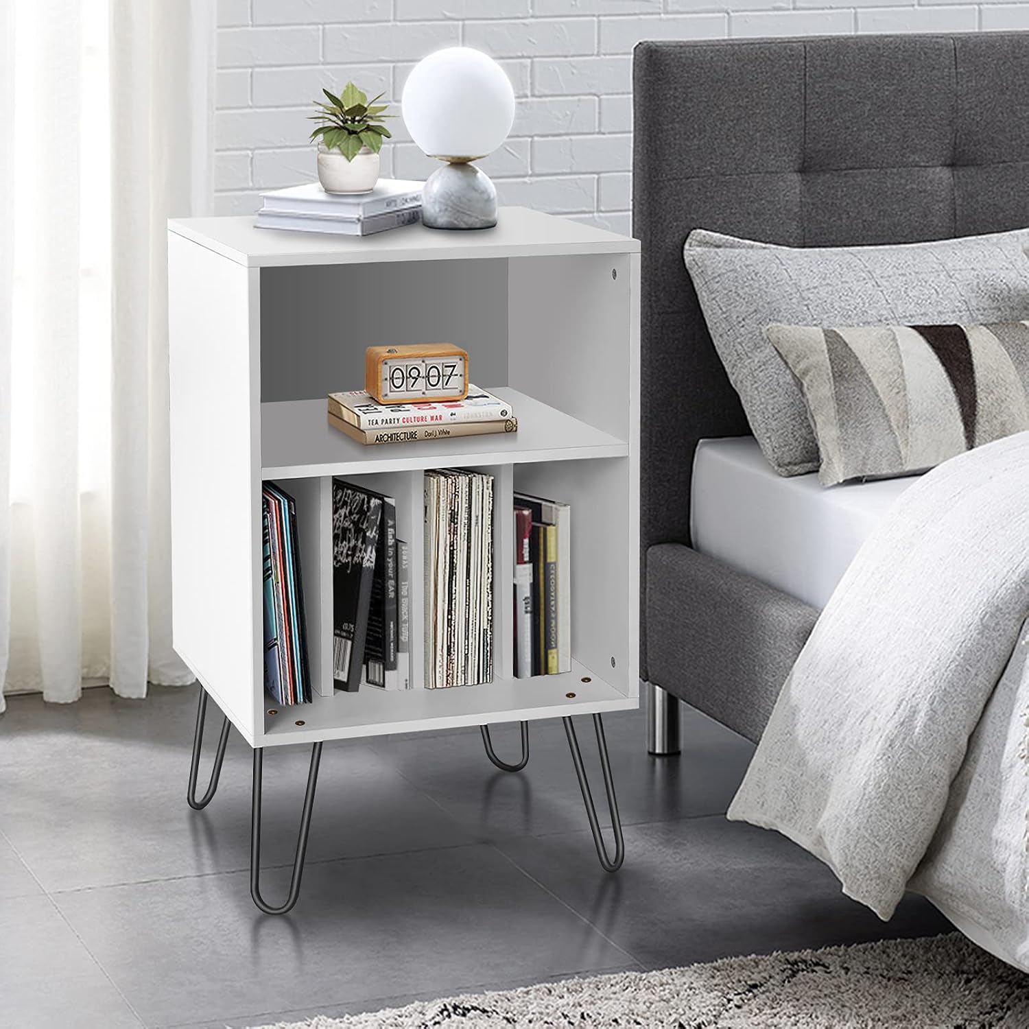Record Player Stand with Record Storage Turntable Stand Vinyl Record Storage Cabinet with Metal Hairpin Legs Record Player Table Holds Up to 150 Albums for Living Room Bedroom(White)