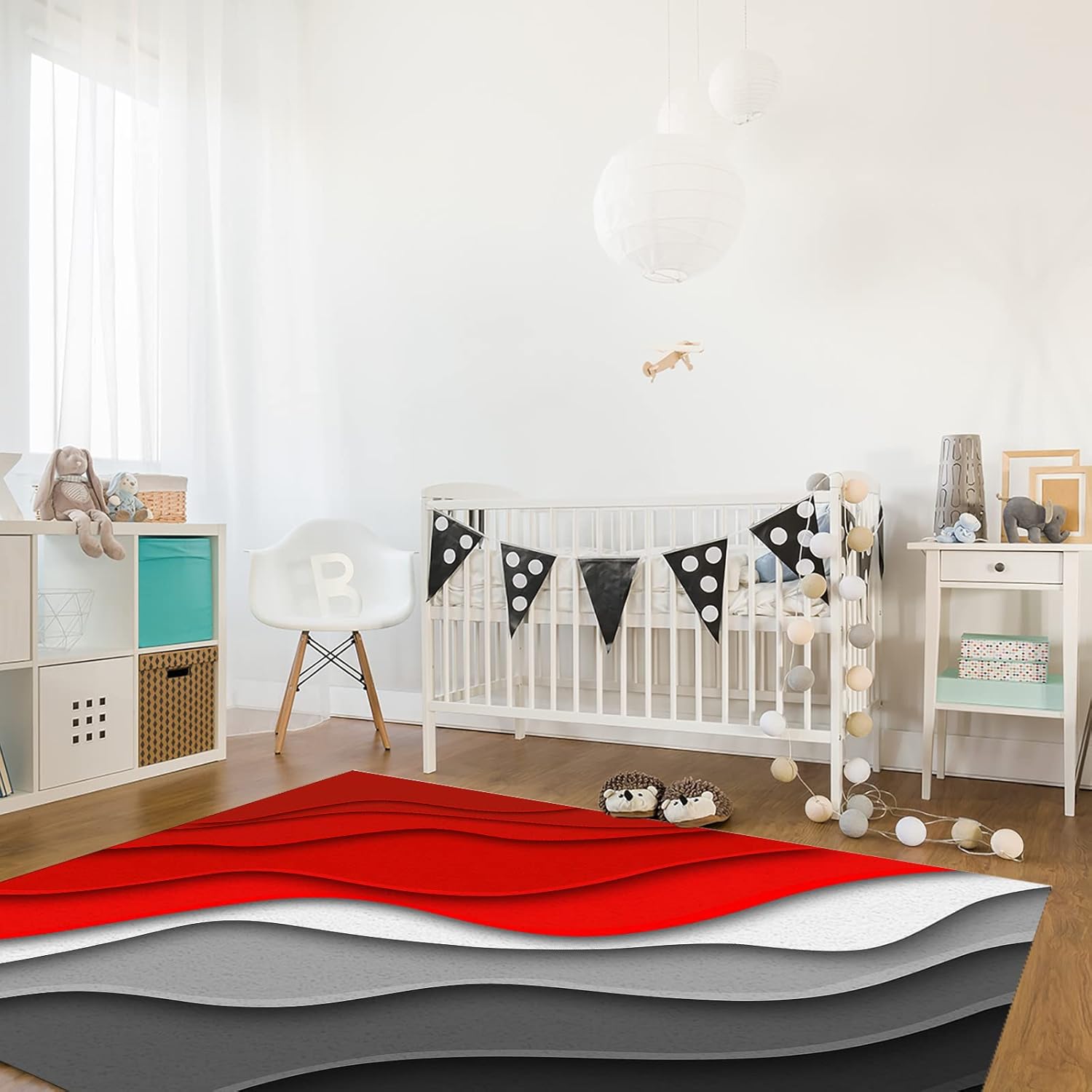 Red Gradient Area Rugs Indoor Non-Slip Rectangle Rug 5x8 ft, Abstract Geometric Red Gray Black Beach Sea Waves Rug Rubber Backing Floor Mats Contemporary Home Decor Carpet for Entryway Living Room