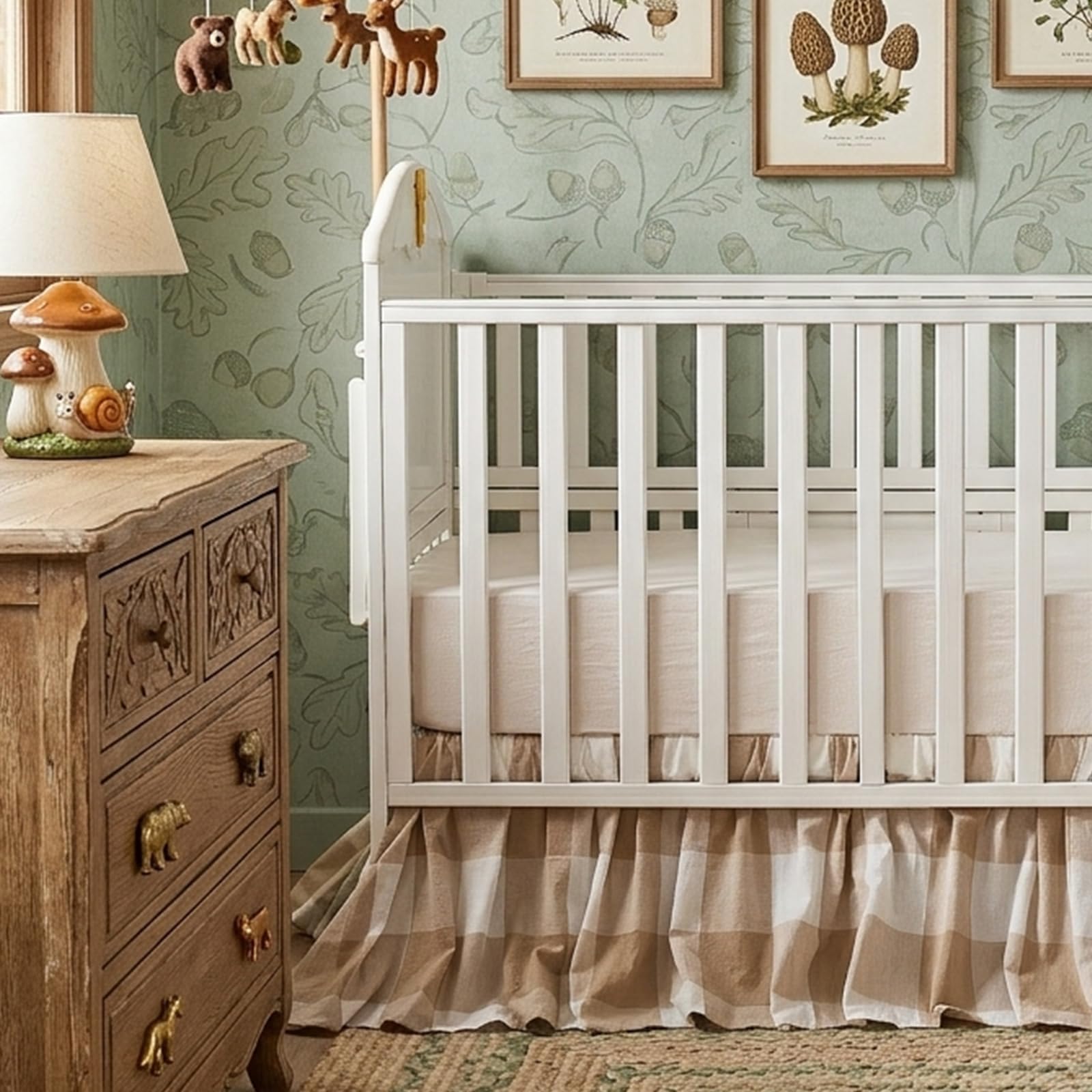 Brandream Gingham Gathered Cotton Crib Skirt for Baby Boy and Girl, Gender Neutral Crib Skirt, 4-Sided, Khaki Buffalo Plaid Check Toddler Bedskirt Farmhouse Chic Nursery Crib Bed Skirt Dust Ruffle