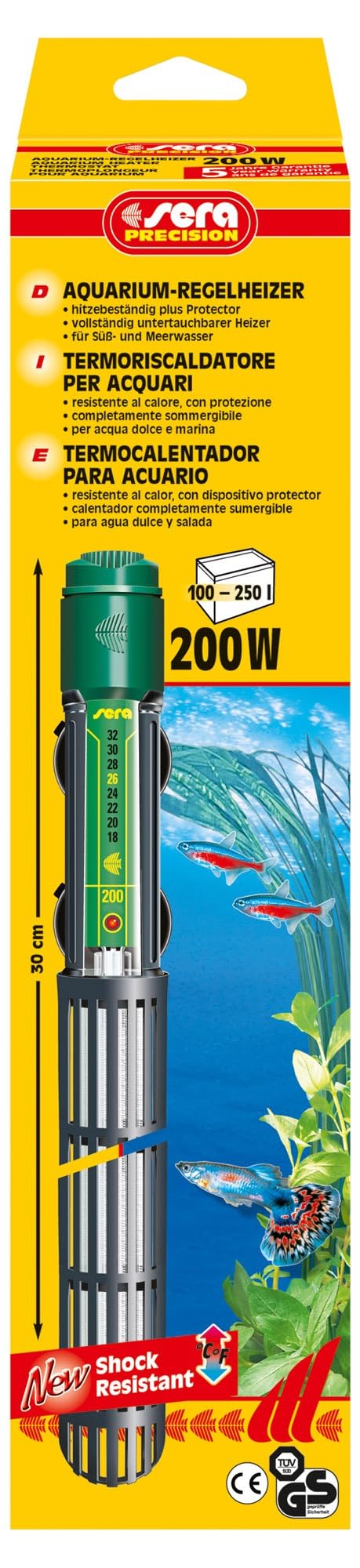 sera Aquarium-Regelheizer 200W | Heizstab Aquarium für konstante Wassertemperatur | Aquarium Heizung mit schockresistentem Quarzglas & Sicherheitsschaltung | Für Süß- & Meerwasseraquarien von 20–500 L