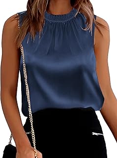 Womens Silk Satin Tank Tops Business Casual Ruffle Trim Mock Neck Sleeve...