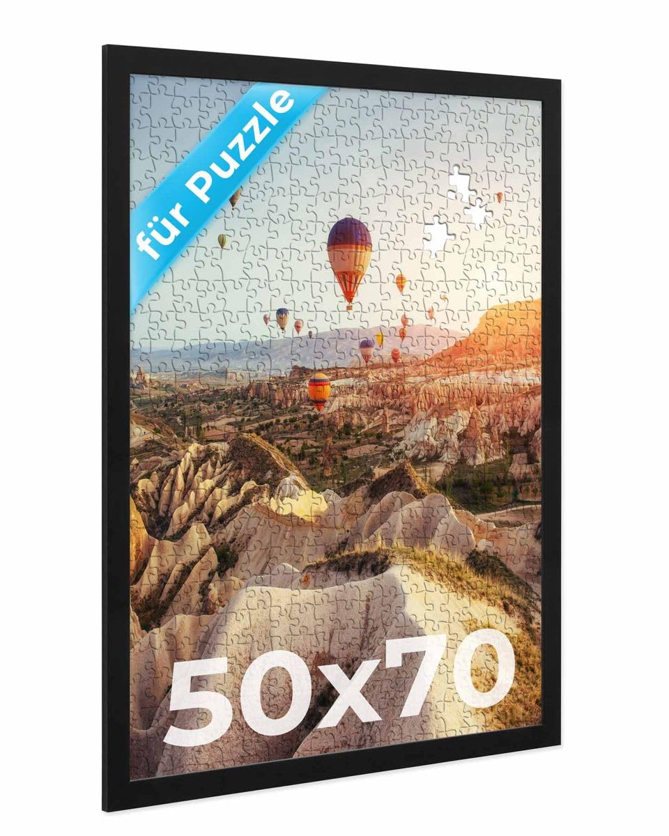 PHOTOLINI Bilderrahmen 50x70 Schwarz, Puzzle Rahmen 70x50 Holz MDF mit Acrylglas, Bilderrahmen Puzzle 1000 Teile 50x70 zum Aufhängen, Puzzlerahmen 500-1000 Teile - ideal für Galerie