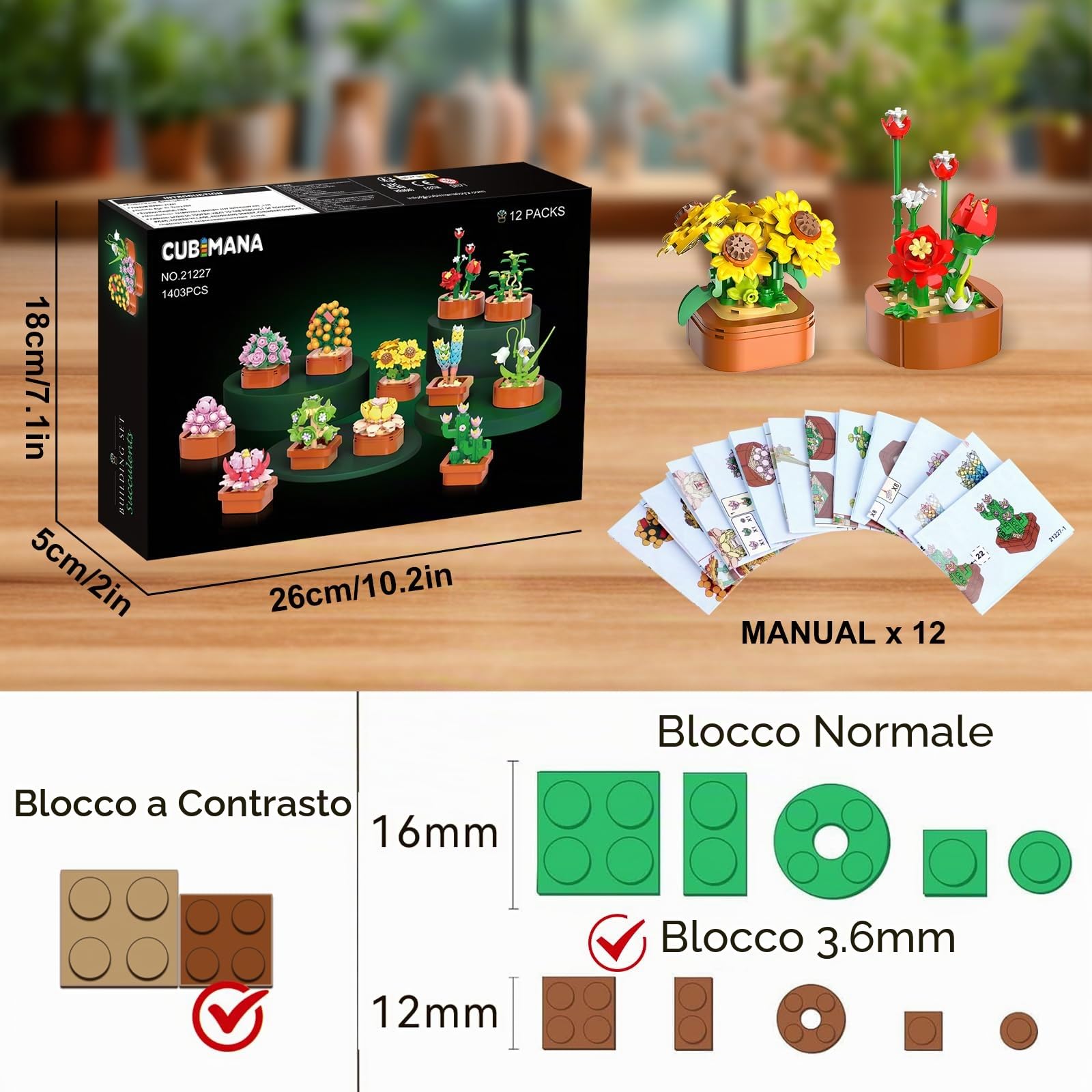 12 Pack Fiori Succulenti 3.6MM Mini Set Costruzione - 1403PCS Collezione Botanica Fiori per la Casa Decorazione Pianta Costruire Blocchi, Regali per Festa della Mamma Compleanno Adulti Bambini 10+
