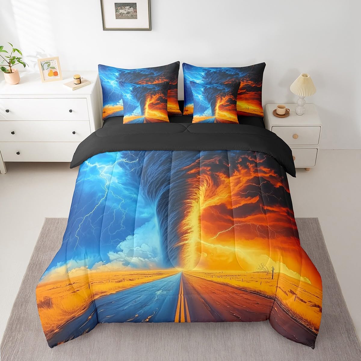 Erosebridal Ice Fire Tornado Comforter Set Twin,Orange Blue Lightning Bedding Set for Kids,Nature Weather(Comforter+Fitted+Flat Sheet+2 Pillowcases+2 Pillow Covers),Natural Disaster 7 Pcs Bed Set