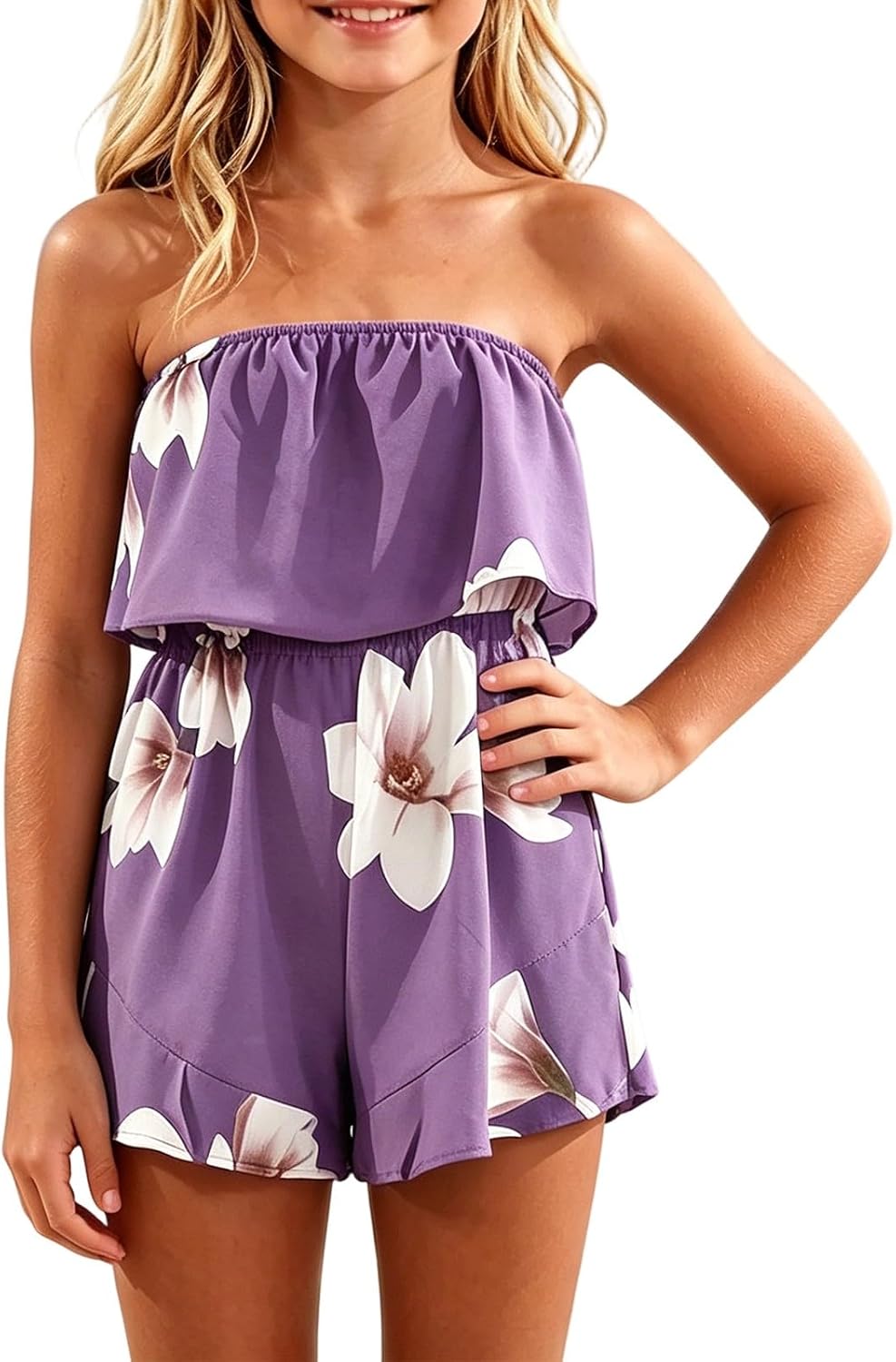 Girl's Y2K Off Shoulder Jumpsuit Flower Strapless Backless One Piece Romper | Y2K Off Shoulder Jumpsuit Flower Strapless One Piece Romper Backless Elastic Waist Ruffle 2026 Outfit Summer Beach Shorts Top