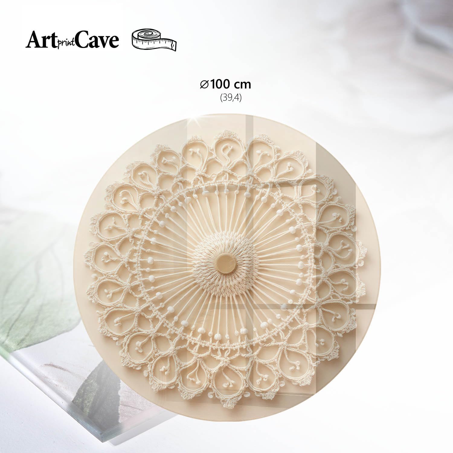 Placa de Cristal 100 cm | Redondo | Espesor 4 mm | Bordes Pulidos | Decoración de macramé | Vetro Temperato | con Impresión Decorativa | para la Cocina y Salón | Pies Antideslizantes