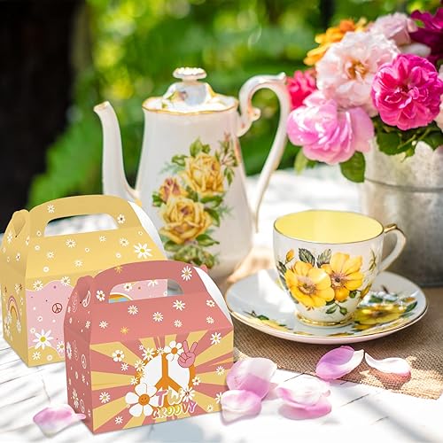 Miniatura 6 de MIKIMIQI 12 cajas de decoración de fiesta hippie de arco iris bohemio groovy - Bolsas de regalo retro para fiesta de 2º cumpleaños para niñas