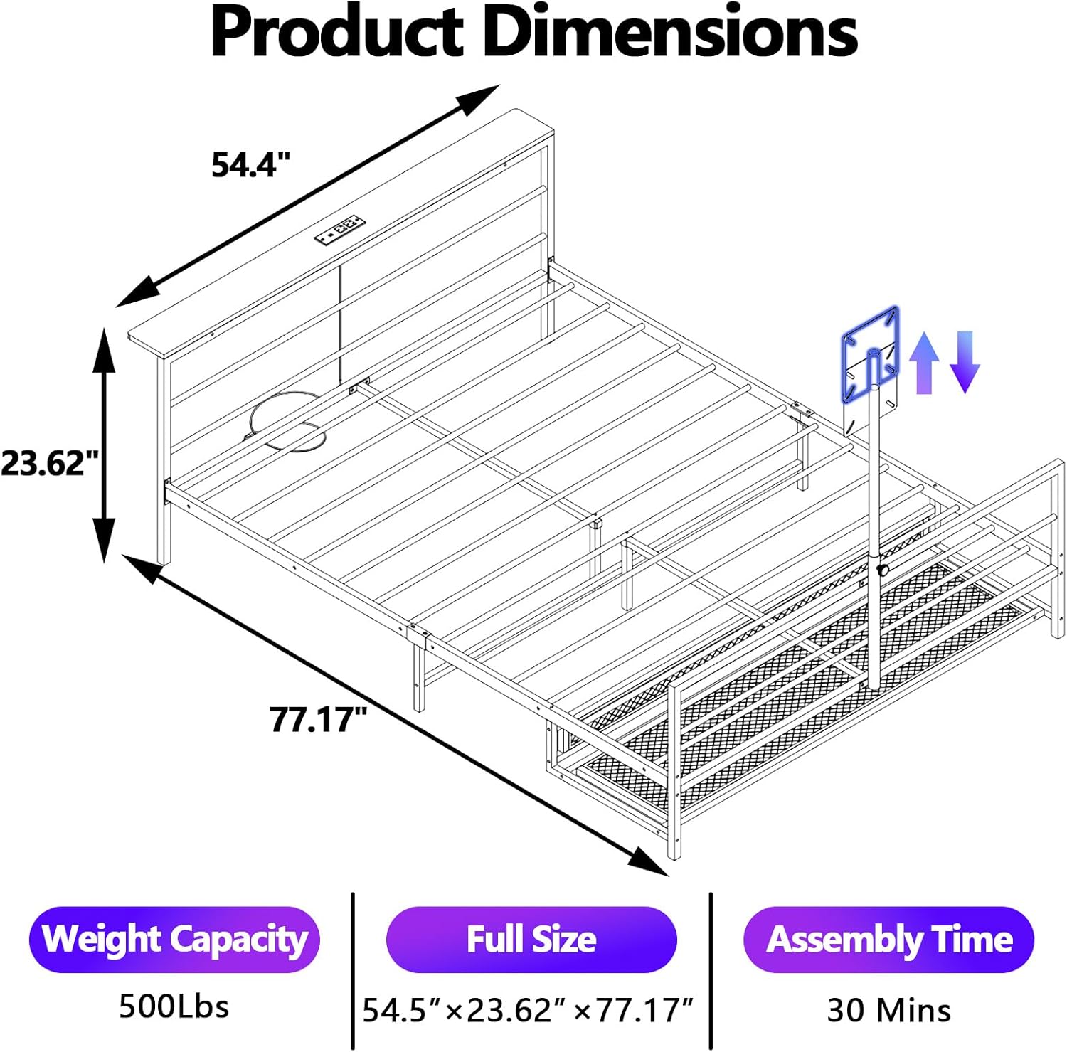 Metal Gamer Bed with TV Mount, Black Gaming Bed Frame with Gaming Stuff Storage, Gifts for Teen Boys, Adjustable LED Lights, USB (Full)