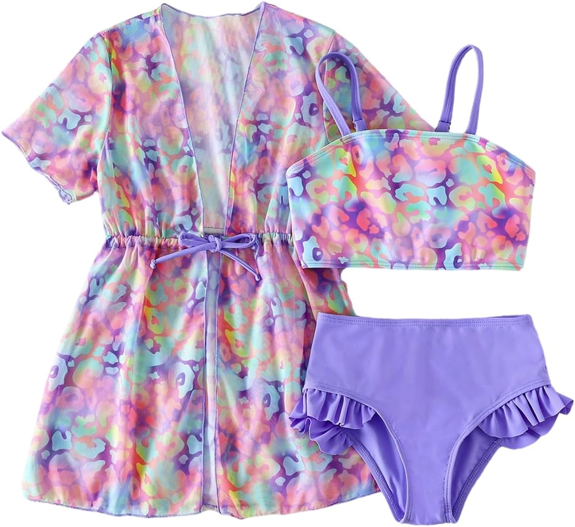 GORGLITTER Girl's 3 Piece Swimsuits Cute Leopard Print High Waisted Ruffled Bathing Suits with Mesh Kimono Beachwear