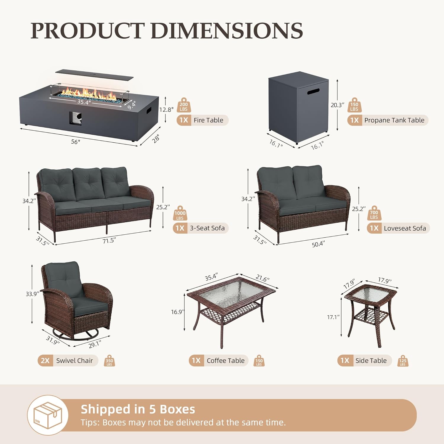 UPHA 8 Pieces Patio Furniture Set with 56" Fire Pit Table, Wicker Outdoor Sofa Set with Swivel Chairs, All-Weather Patio Conversation Set for Porch Deck Backyard, Gray