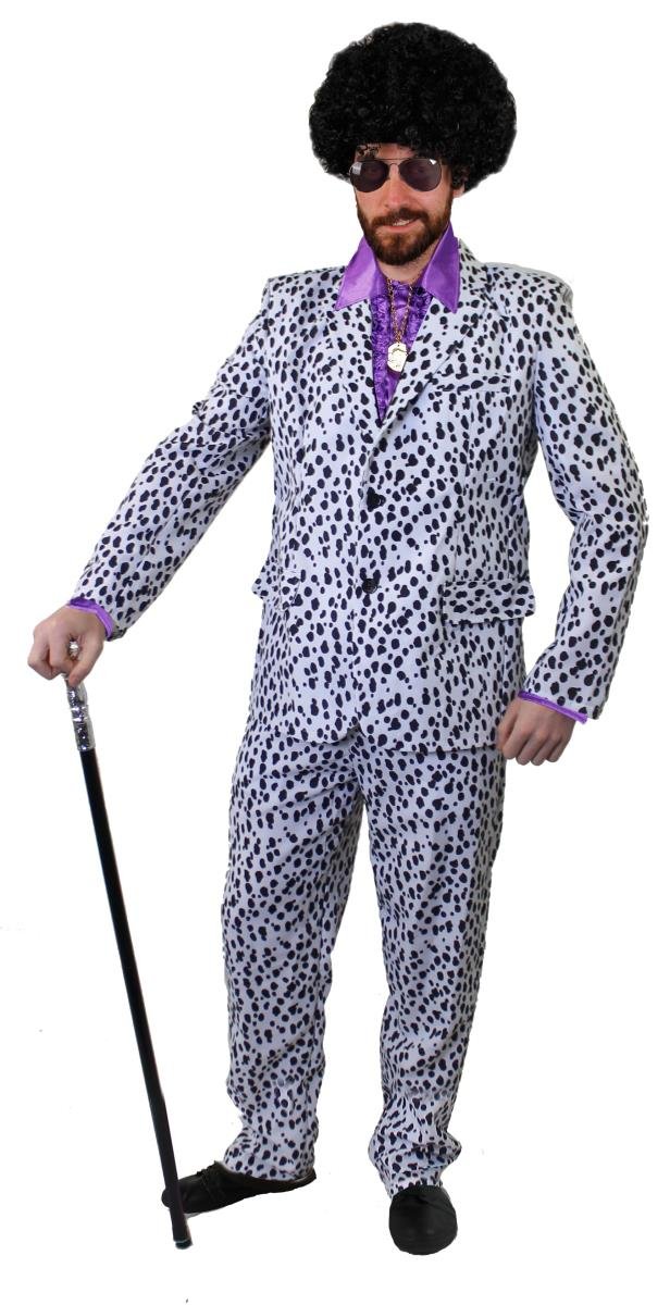 Mens Pimp Fancy Dress Costume - 70s Style Dalmatian Print Suit With Trousers, Purple Satin Shirt With Large Collar and Cuffs, Sunglasses, Purple Afro Wig and Gold Medallion (Medium) โ image 1