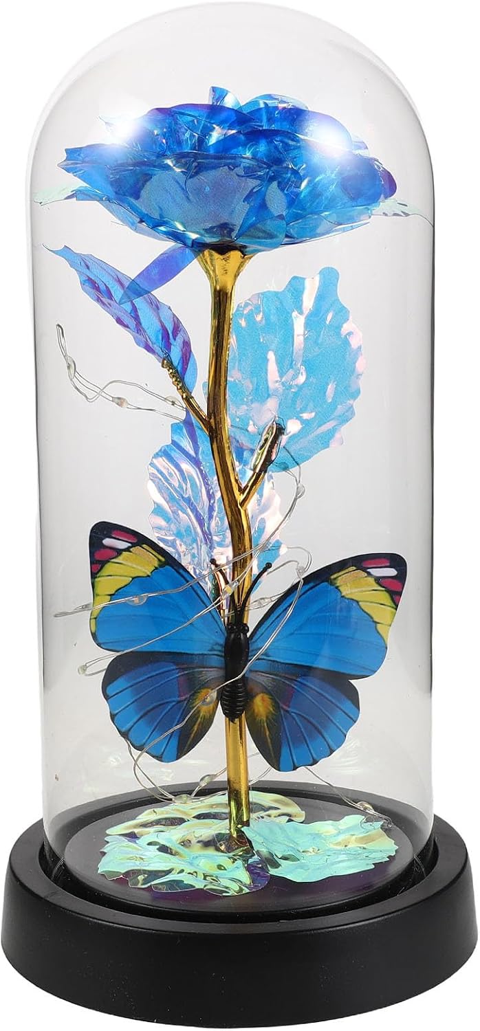 Mother's Day Present, Preserved Rose Glass Dome Flower Lamp, Flowers Night Light with Gold Foil Butterfly, Blue Rose for Valentine's Day Anniversary Birthday