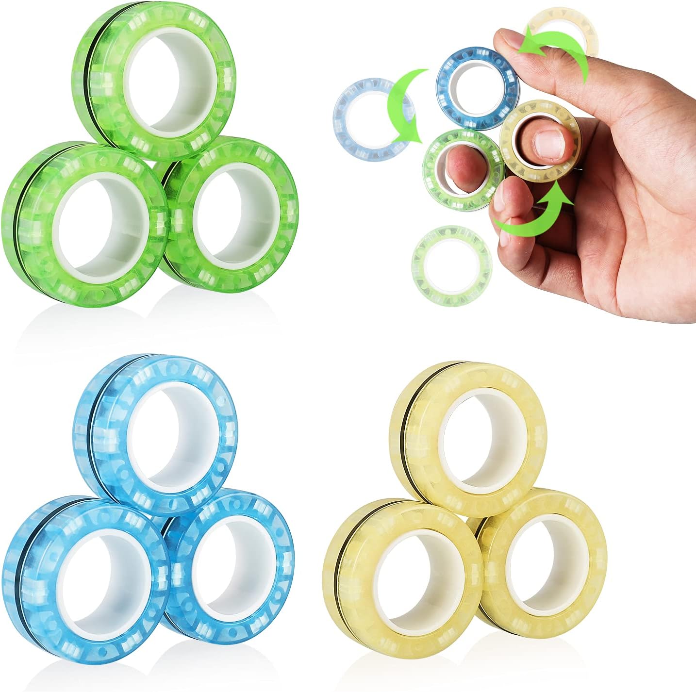 LM-Sauphviva 9Pcs Magnetic Rings Fidget Toy Set, Figetget Toys Glow in The Dark, Fidget Magnets Spinner Rings for Anxiety Relief Autism Therapy, Fidget Box Great Gift for Adults Teens Kids.