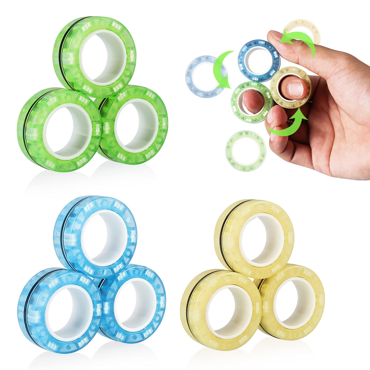 LM-Sauphviva 9Pcs Magnetic Rings Fidget Toy Set, Figetget Toys Glow in The Dark, Fidget Magnets Spinner Rings for Anxiety Relief Autism Therapy, Fidget Box Great Gift for Adults Teens Kids.