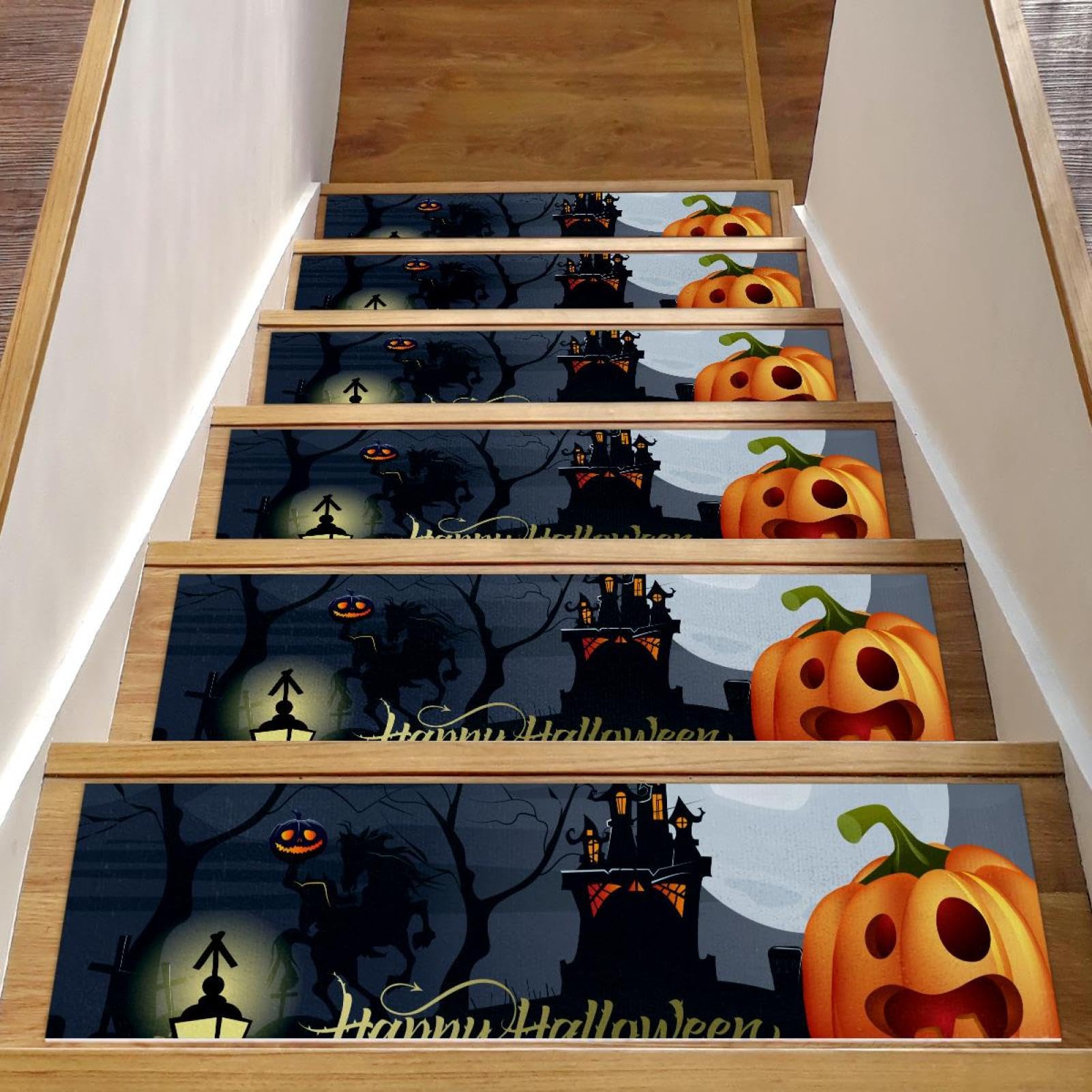 Alfombra antideslizante para escalera infantil y mascotas con diseño de castillo y calabaza