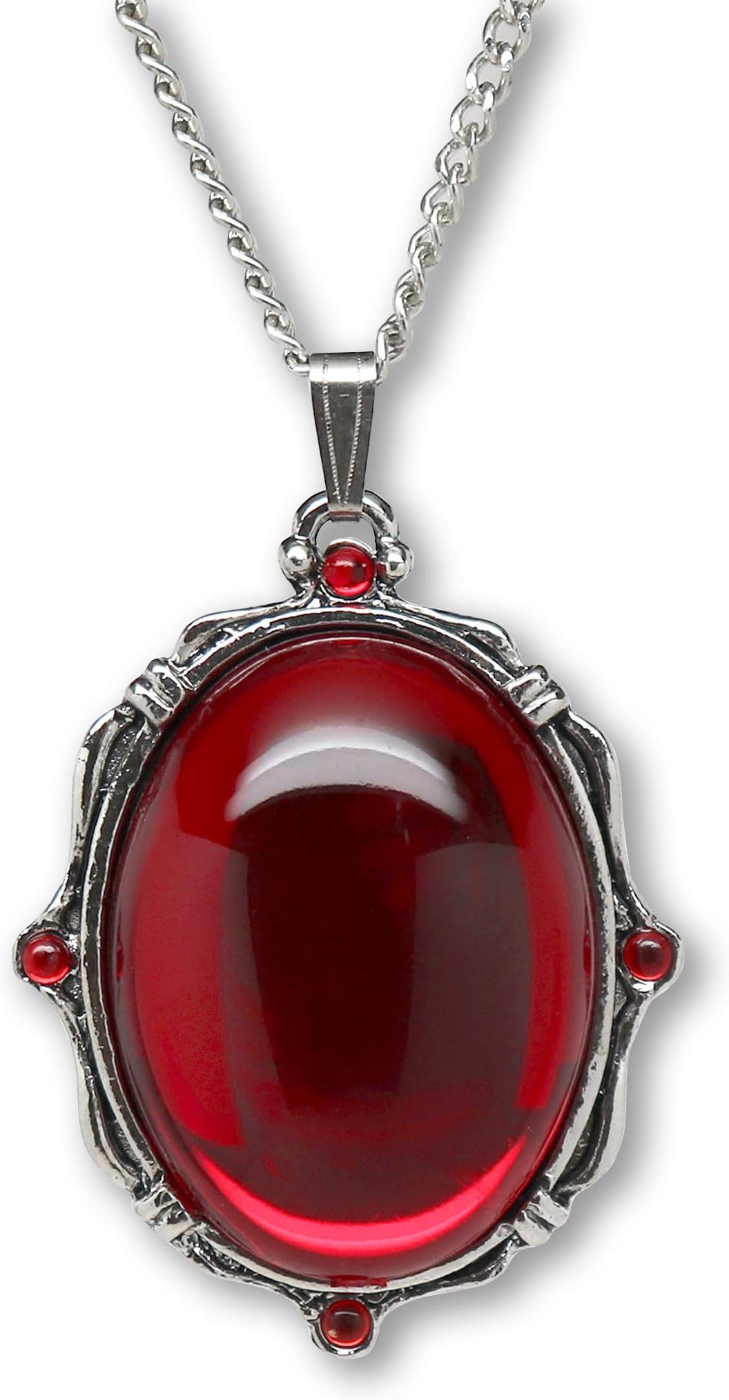 Blood Red Oval Stone In Silver Finish Pewter Frame Pendant Necklace