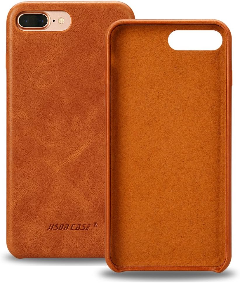 JISONCASE iPhone iPhone 7 Plus Case Genuine Leather iPhone iPhone 8 Plus Hard Back Case Slim Fit Protective Cover Snap on Case for iPhone 7 Plus/iPhone 8 Plus, 5.5inch [Brown]