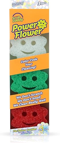 Scrub Daddy Juego de esponjas Power Flower Limpiador antiarañazos para platos y hogar, resistente al olor, suave en agua tibia, firme en frío,