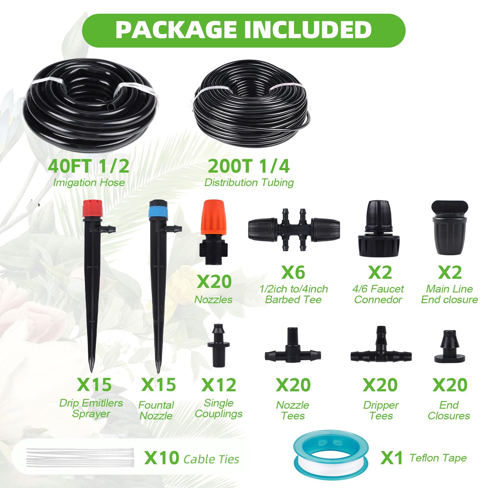 Kit per sistema di irrigazione a goccia per giardino, sistema di irrigazione con ugelli regolabili, tubo flessibile da 1/2 e 1/4", raffreddamento automatico fai da te per prato esterno, patio, serra