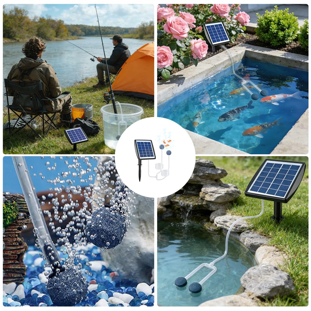 Ossigenatore per Laghetto, 2W Ossigenatore Laghetto con Batteria da 2200 mAh, 2 Mode Pompa Laghetto Solare con Pietra Aerea e Tubo, per Laghetti da Giardino, Pesca e Coltura Idroponica