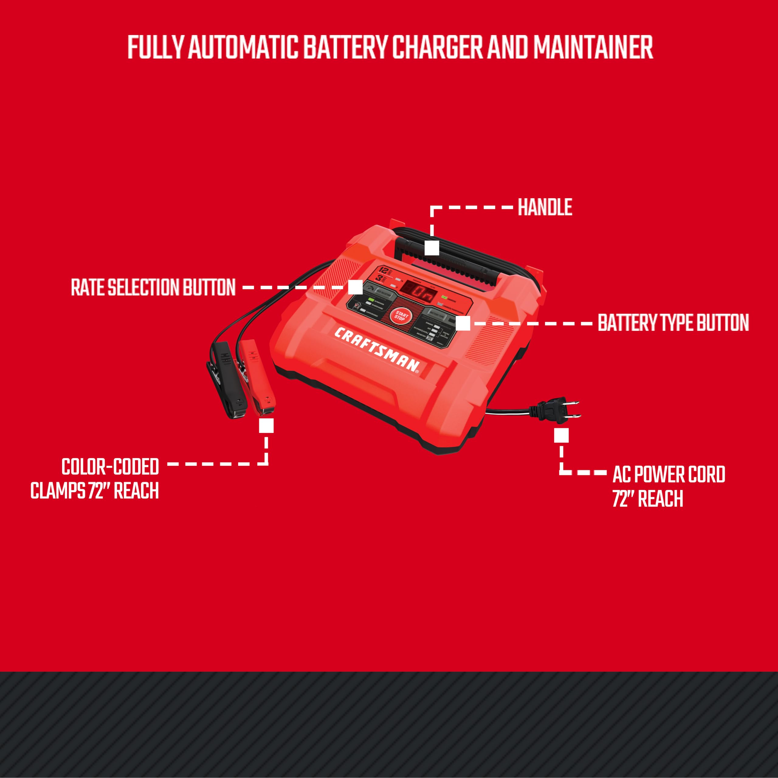 CRAFTSMAN 12A Car Battery Charger and Maintainer, 4-in-1 Solution, Battery Tester, for 6V/12V Power Sport, Automotive, and Marine Batteries, CMXCESM258