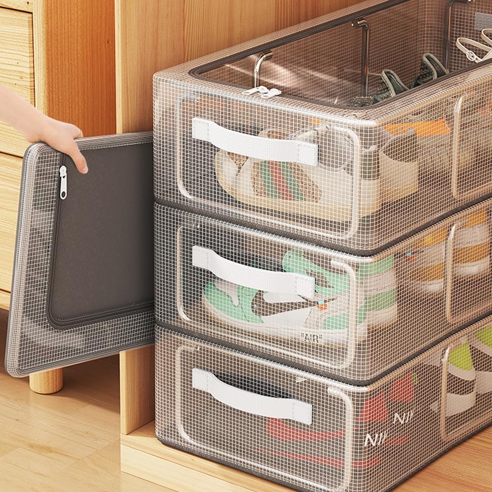 ELEFOCUS PVC Shoe Storage Box - Waterproof and Foldable,Shoe Organizer for Closet, Shoe Storage Boxes Clear Plastic Stackable with Zip, Multifunctional Dust-proof Shoe Storage Box (M)