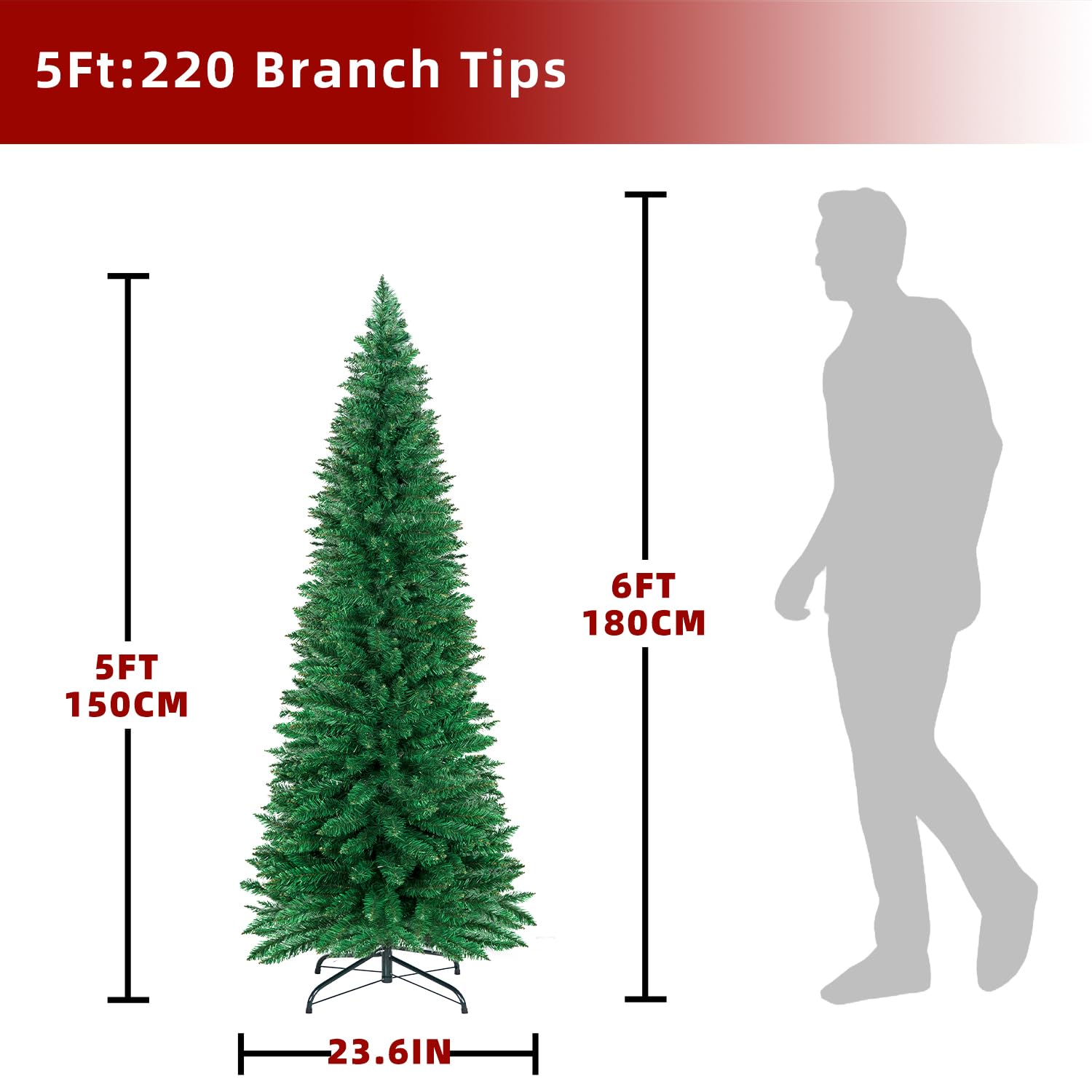 ININ Künstlicher Weihnachtsbaum mit 220 Zweigspitzen, 152 cm, schmaler Bleistift, perfekte Weihnachtsdekoration für Zuhause/Büro/Party