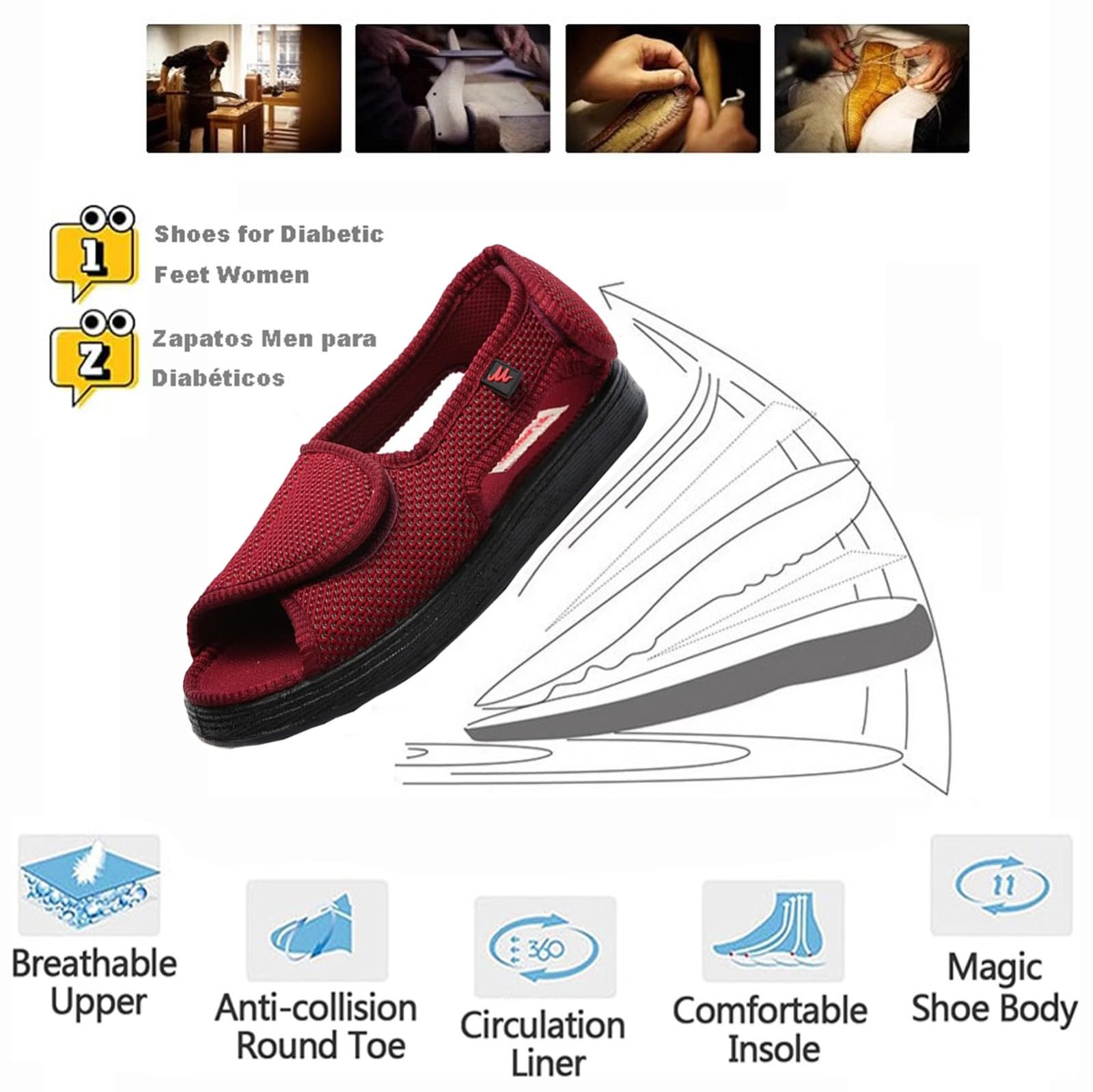 Zapatos para diabéticos para mujer, sandalias Edema, cómodas, ajustables, anchas, puntera abierta, zapatos de casa para ancianos para pies hinchados