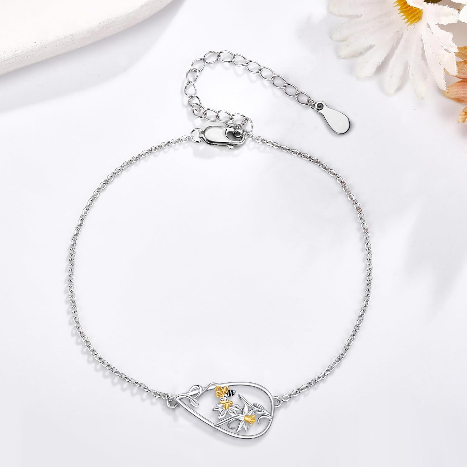 Daffodil Bracelet 925 Sterling Silver Flower Teardrop Bracelets Floral Daffodil Jewelry Gift for Women - Image 6