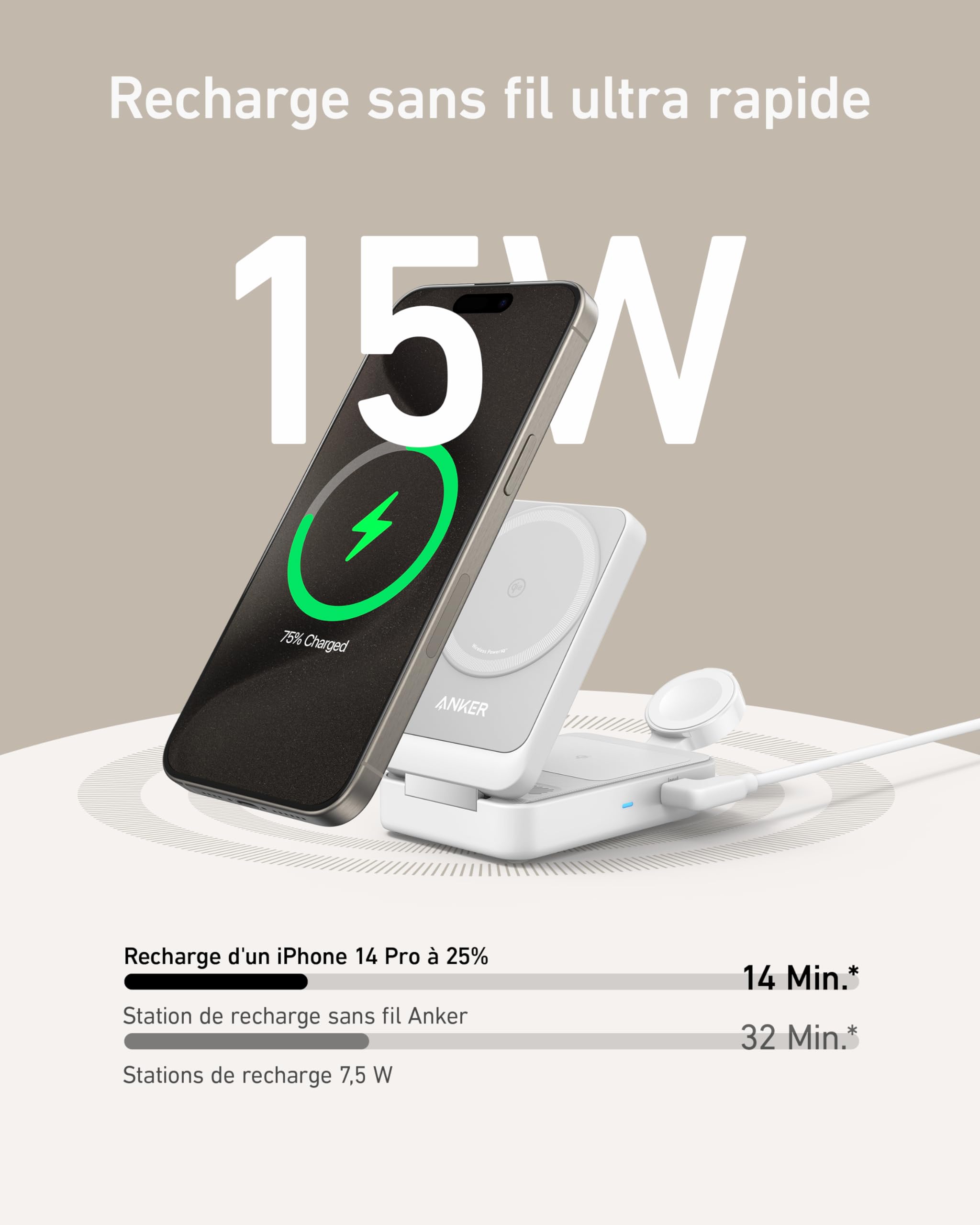 Anker MagGo Chargeur Induction iPhone 3 en 1 Magsafe 15W, Base de Recharge sans Fil Certification Qi2 Compatible avec MagSafe, pour iPhone 17/16/15/14 AirPods Watch(Chargeur USB C 40W Inclus)