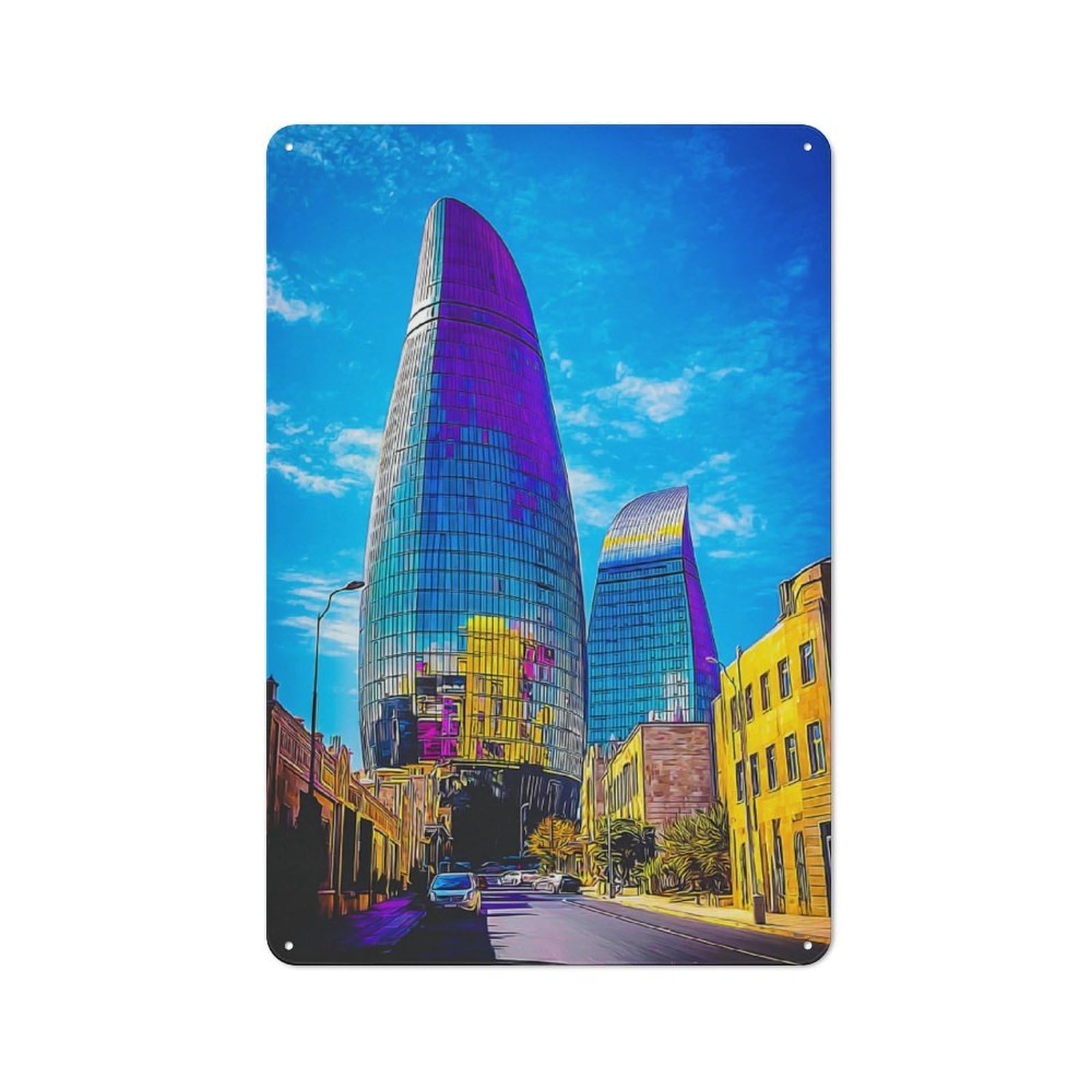Junmoney Modern Skyscrapers In A Vibrant Cityscape Metal Wall Sign With Design 30X20cm, Loft Style Studio Wall Art For Flat, Bar, Studio Or Gallery Wall