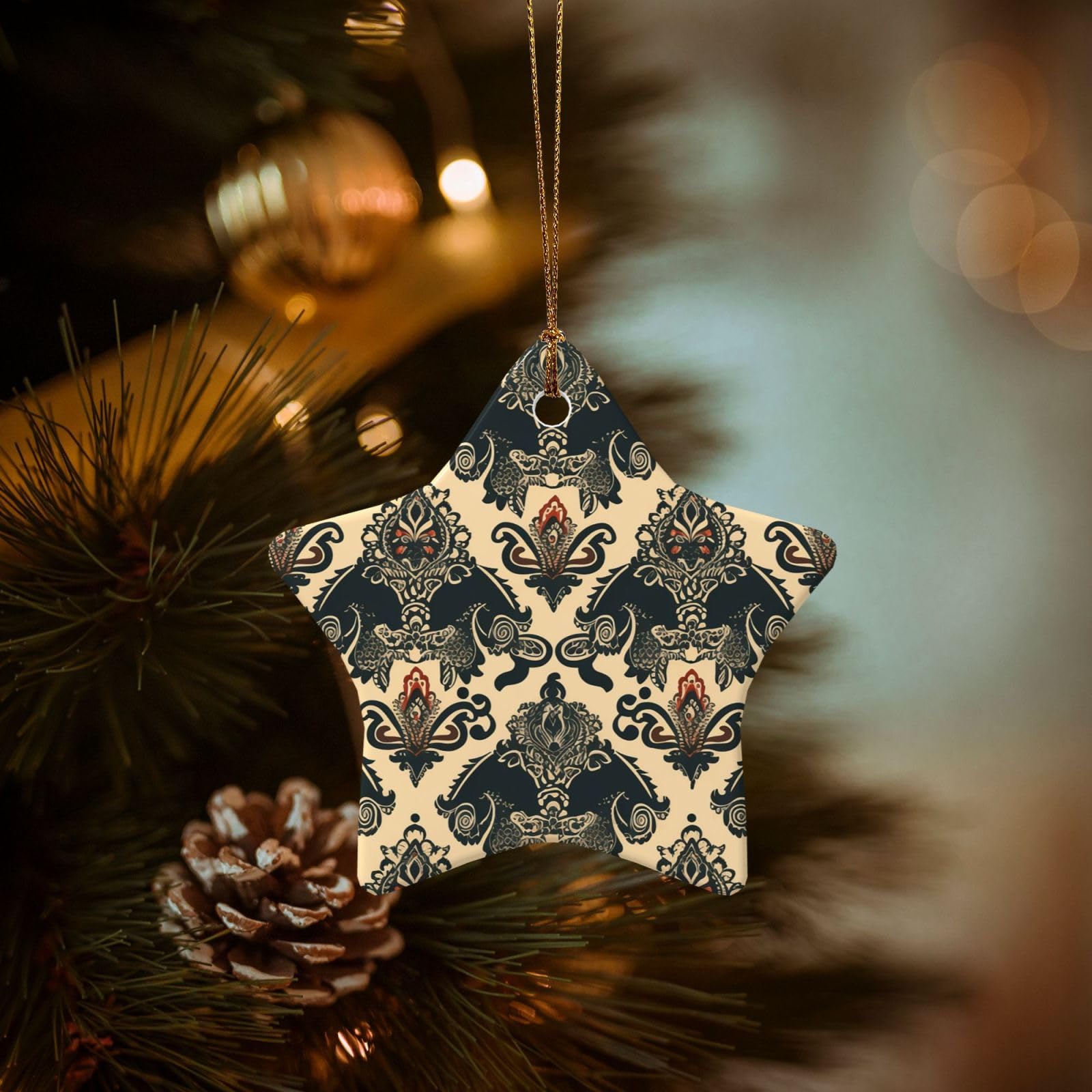Christmas Ornaments for Christmas Tree Decoration Hanging Asian Elephants Ornament with Gold Ribbon Crafts Star Shape Ceramic Pendant for Keepsake Gifts Xmas Decor Party Supplies