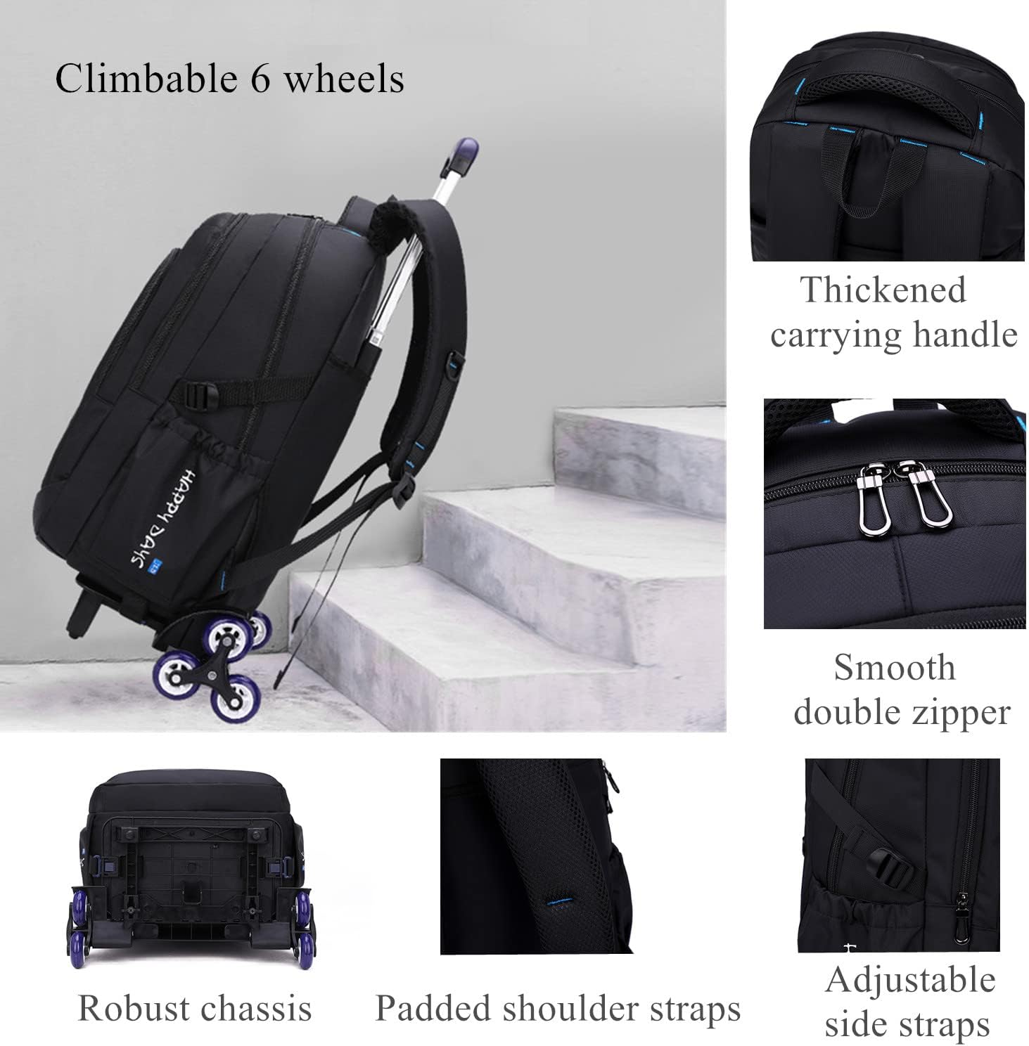 EKUIZAI Solid Color Trolley Backpack Schoolbag for Middle School Students Elementary Rolling Bag Daypack for Teen Boys