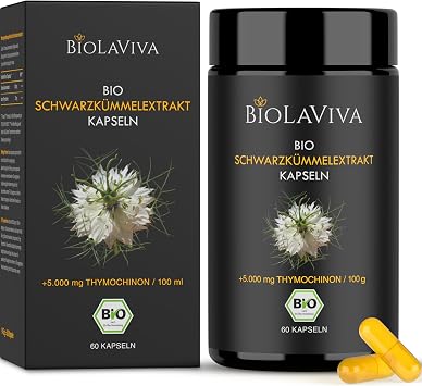 Premium Organic Black Cumin Oil Capsules High Dose - 5000 mg Thymoquinone - 60 Vegan Capsules 2-Month Supply - Nigella Sativa Laboratory Tested & Made in Germany - Light-Protected Purple Glass (Pack of 1)