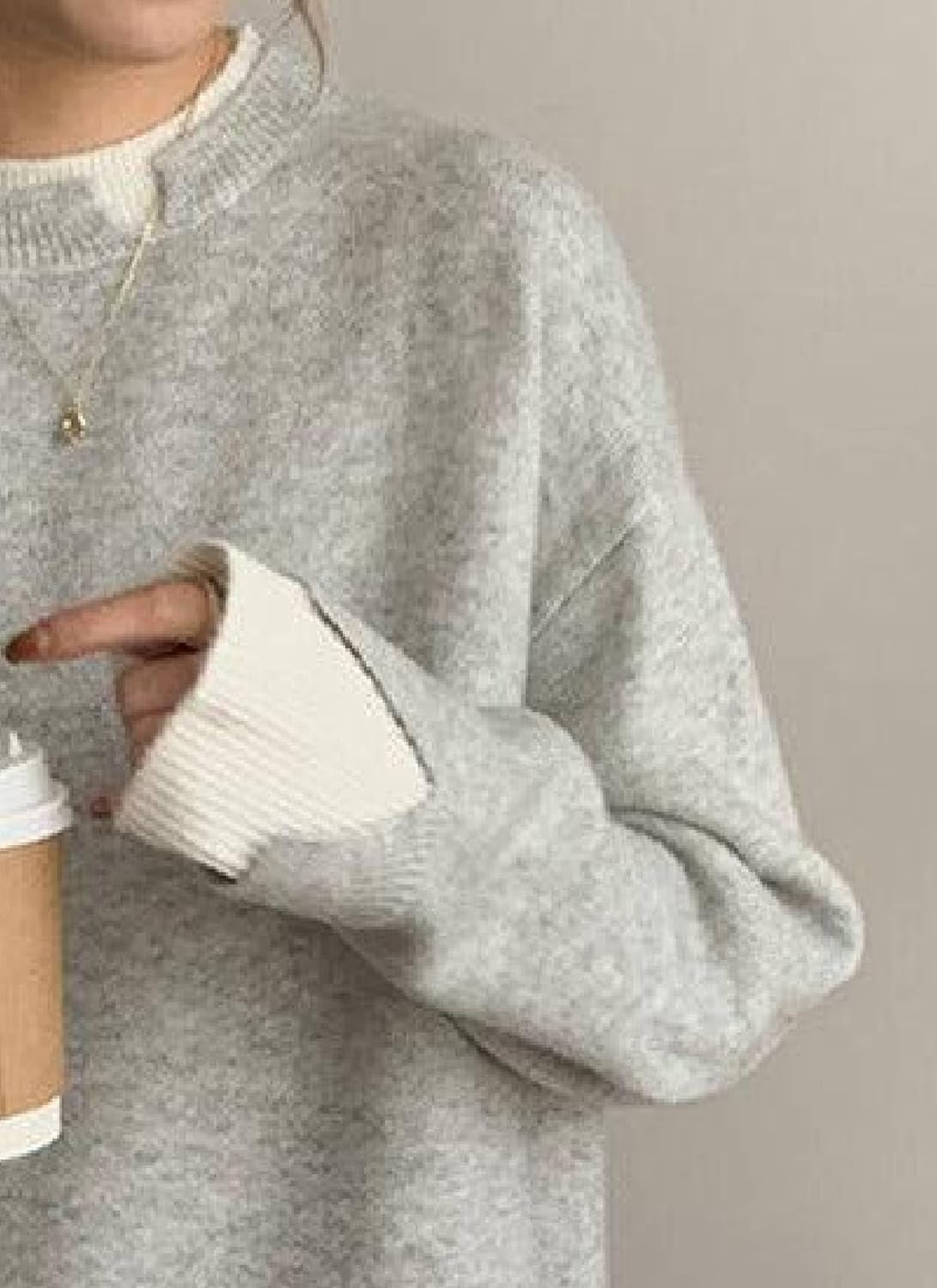 LOZ Womens 2025 Fall Sweaters Long Sleeve Crewneck Knit Outfits Trendy Grey and White Fashion Loose Pullover Sweater - Image 2