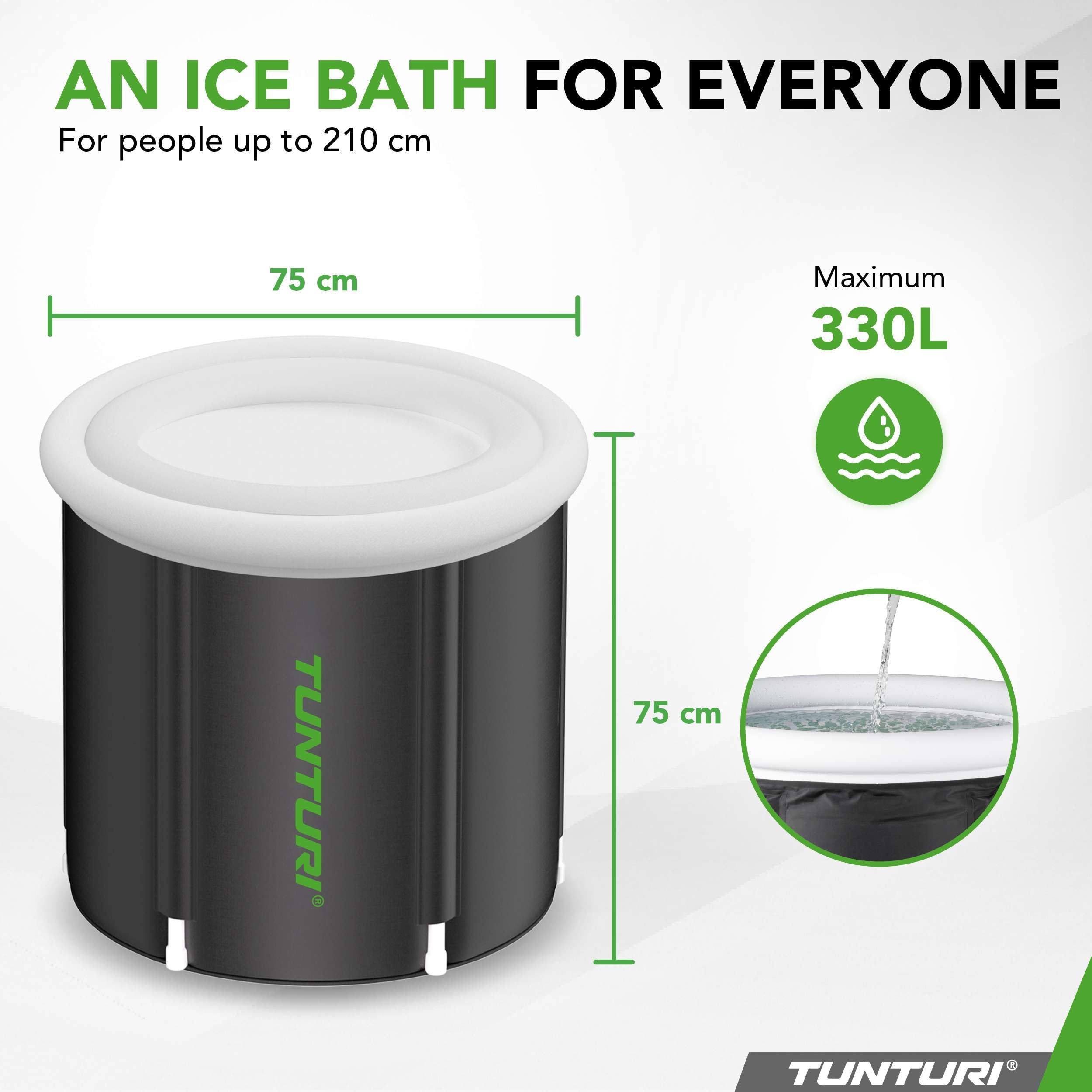 Tunturi IB30 - Bagno di ghiaccio gonfiabile, 75 cm, con copertura isolante, pieghevole e pieghevole