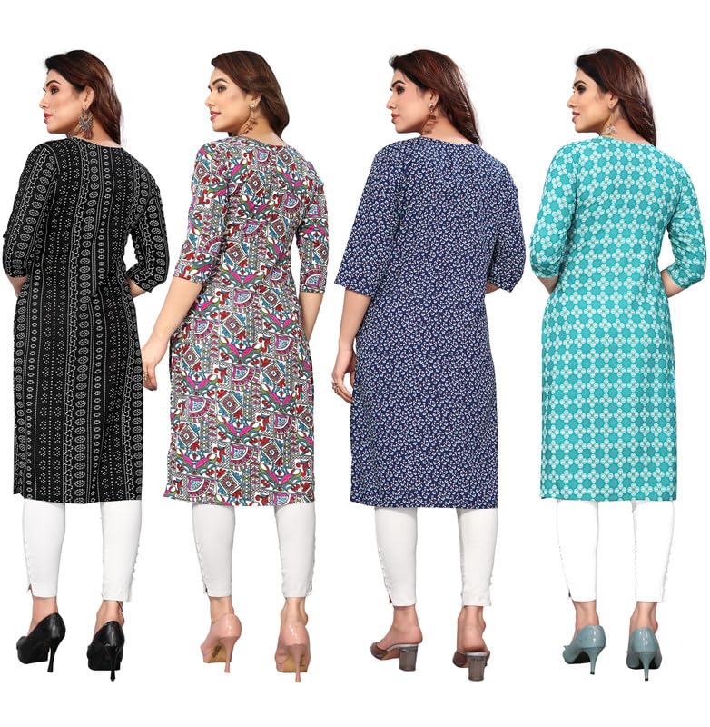 Image of JAKHANA Women's Crepe Printed Casual Straight Calf Length Round Nick Kurta Pack of 4