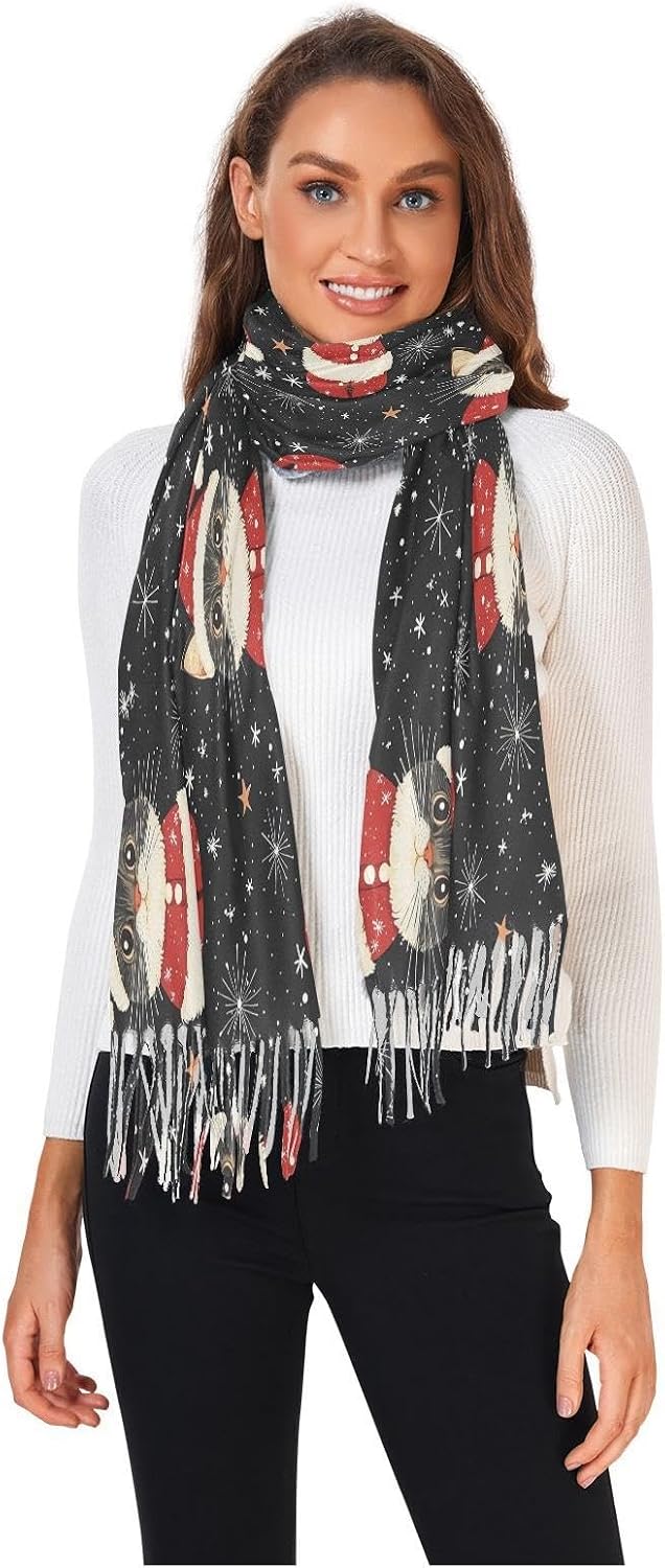 Winter Scarf for Women Christmas Cat and Snowflake Fashion Tassel Shawl Wraps for Women, Cold Weather Warm Womens Scarves Soft Long Scarf Gifts