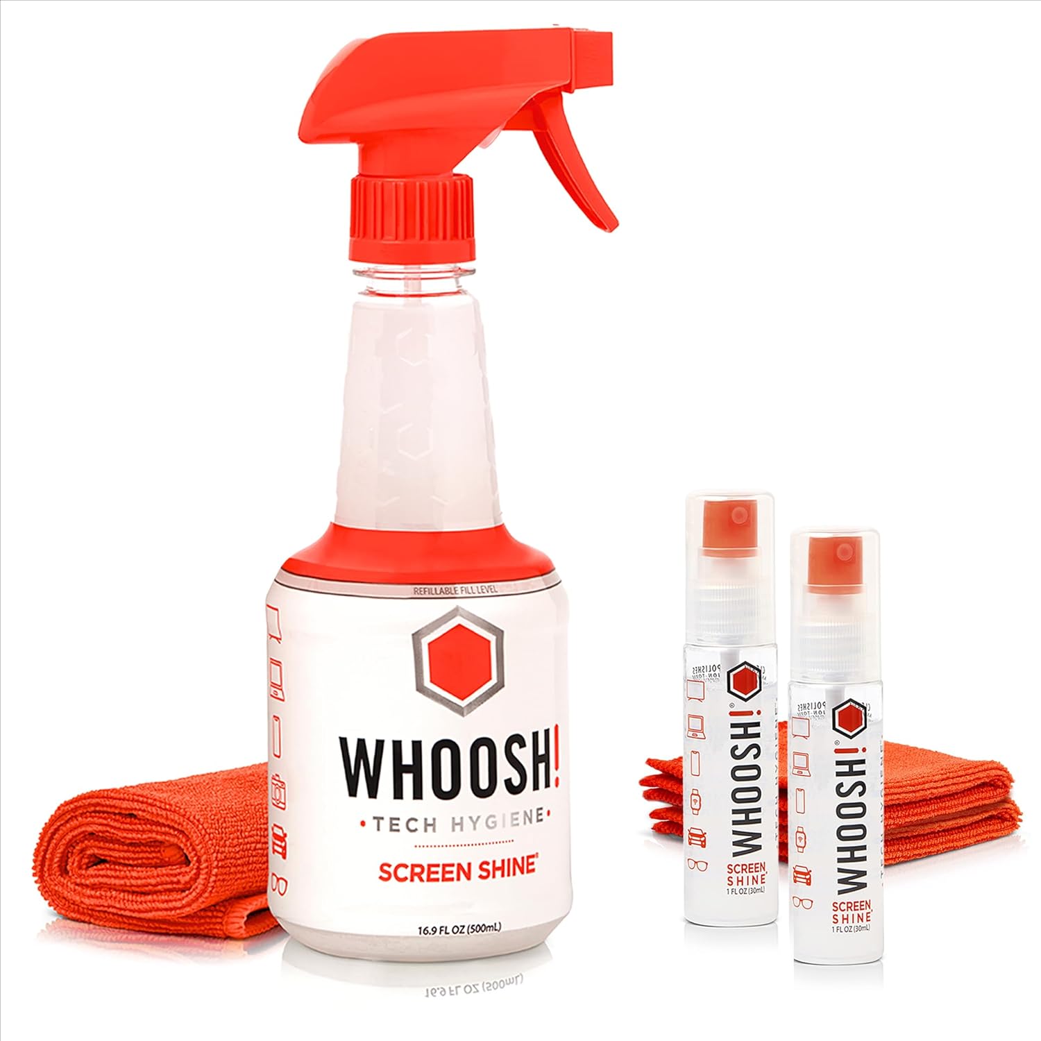 WHOOSH! Screen Cleaner Spray & Microfiber Cloths Bundle | 16.9 & 2 fl oz + 1 Microfiber Cloth (14x14) + 2 Microfiber Cloth (6x6)