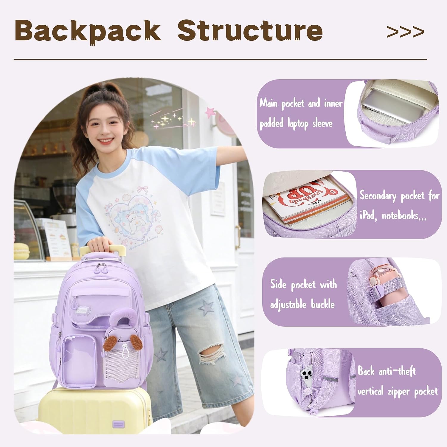 Bansusu Girls Backpack for Kids School Bag, Backpack for Girls Bookbag Multi-Pocket, with Pencil Case, Pink