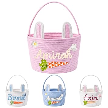 Dyoart Personalized Easter Baskets for Boys & Girls, Custom Name Bunny Easter Bucket for Toddler, Personalized Baby Gift Basket Empty, Easter Birthday Baby Shower Gifts Home Decor