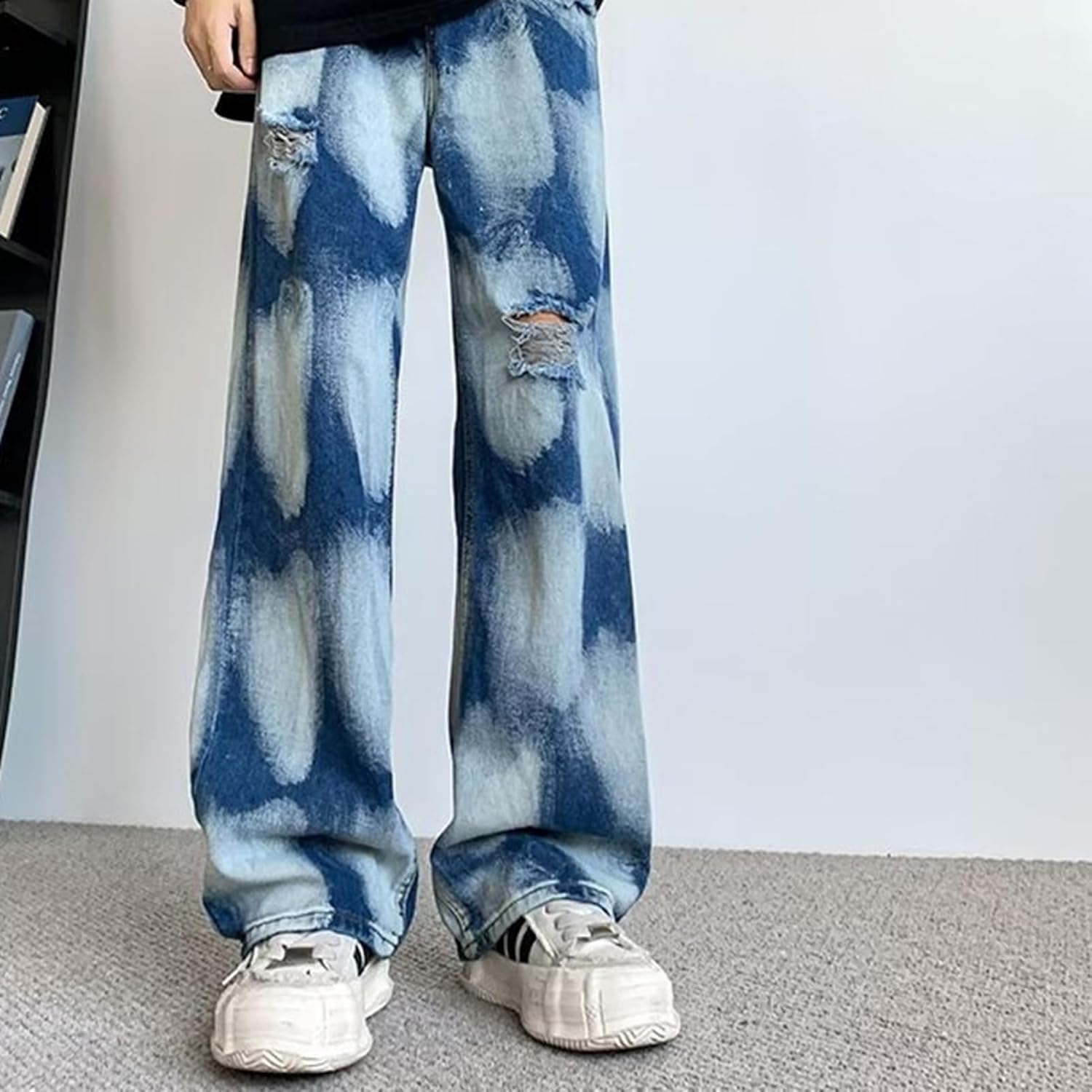 [RAMEMO] 絞り染柄 デニムパンツ ロングパンツ メンズ レディース INS風 ダメージ加工 ヒップホップ ストリート系 hi