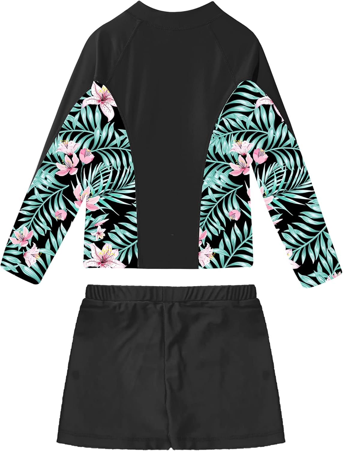 TTAO Girls Stretchy Bathing Suit Summer Beachwear Zipped Rash Guard with Shorts Set