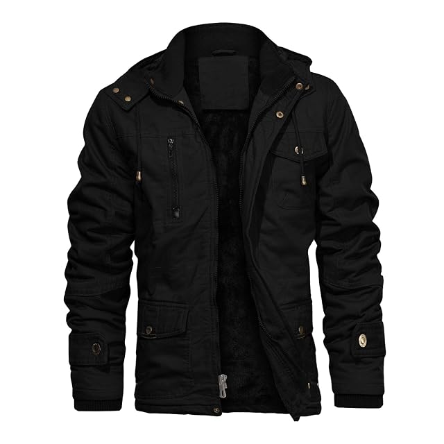 CHEXPEL Mens Thick Winter Jackets with Hood Fleece Lining Cotton Military Jackets Work Coats with Cargo Pockets Outwear