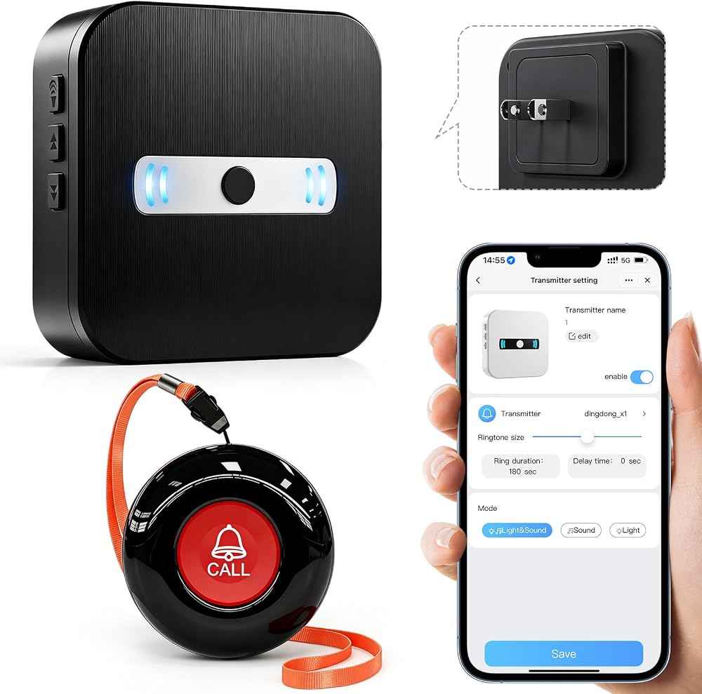 WiFi Caregiver Call Button Calls Phone, 1 Button 1 Receiver，Black — 사진 1