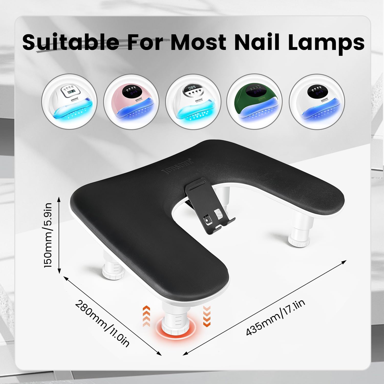 JODSONE Accoudoir noir en forme de U pour technicien des ongles avec support de téléphone portable intégré rotatif à 360° et accoudoir réglable pour manucure en salon