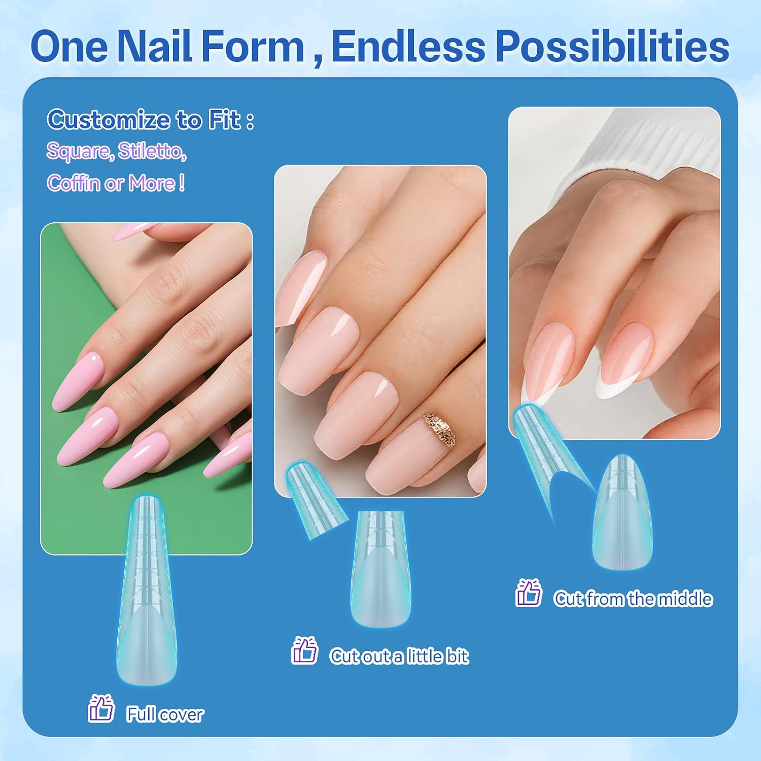 288PCS Dual Nail Forms Set for Poly Gel & Builder Gel, 12 Mixed Shapes Full Cover Molds with Length Scale, Multicolor Matte & Clear Reusable Forms for Nail Extension Practice & DIY Manicure image 5