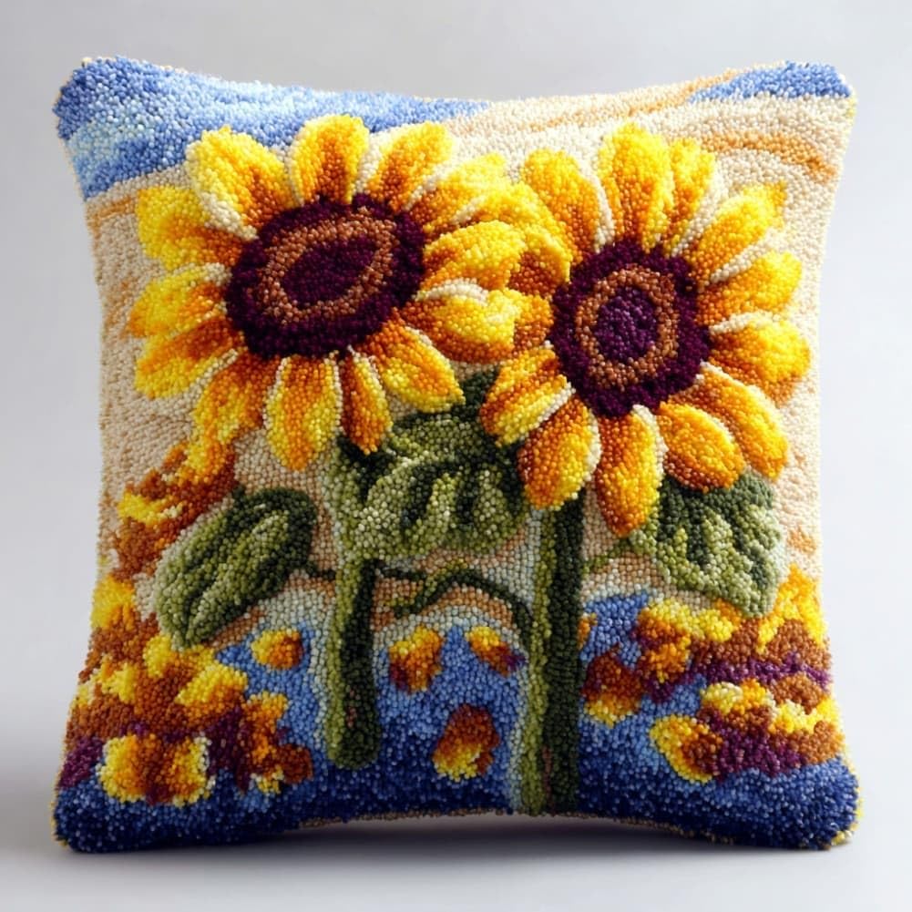 Taxpy DIY Latch Hook Pillow Kit Pre-Printed Hook and Latch Rug Kits Sunflower 17X17 Inch.Cross-Stitch Embroidery Cushion Cover for Home Sofa Decoration