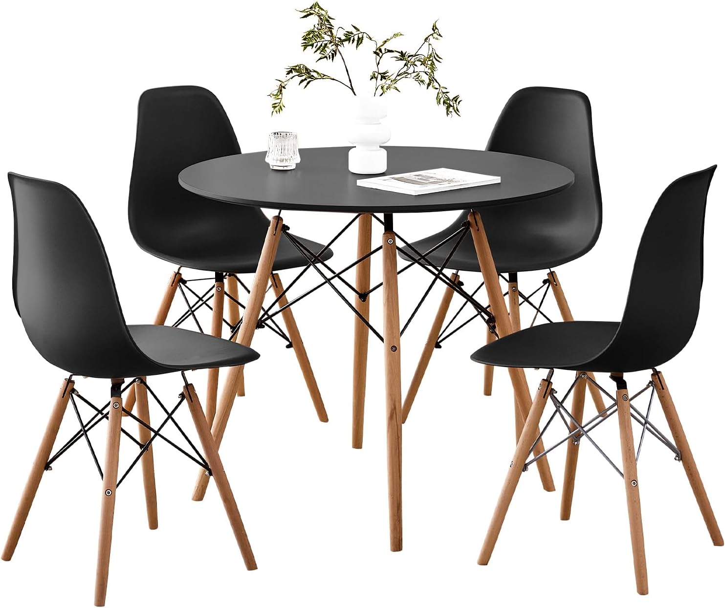 5-Piece 35.5" Round Dining Table Set, Small Kitchen Table Chairs Set of 4 Plastic Seats, Solid Wood Legs, Space Saving Furniture for Living Room Apartment Office Home, Black