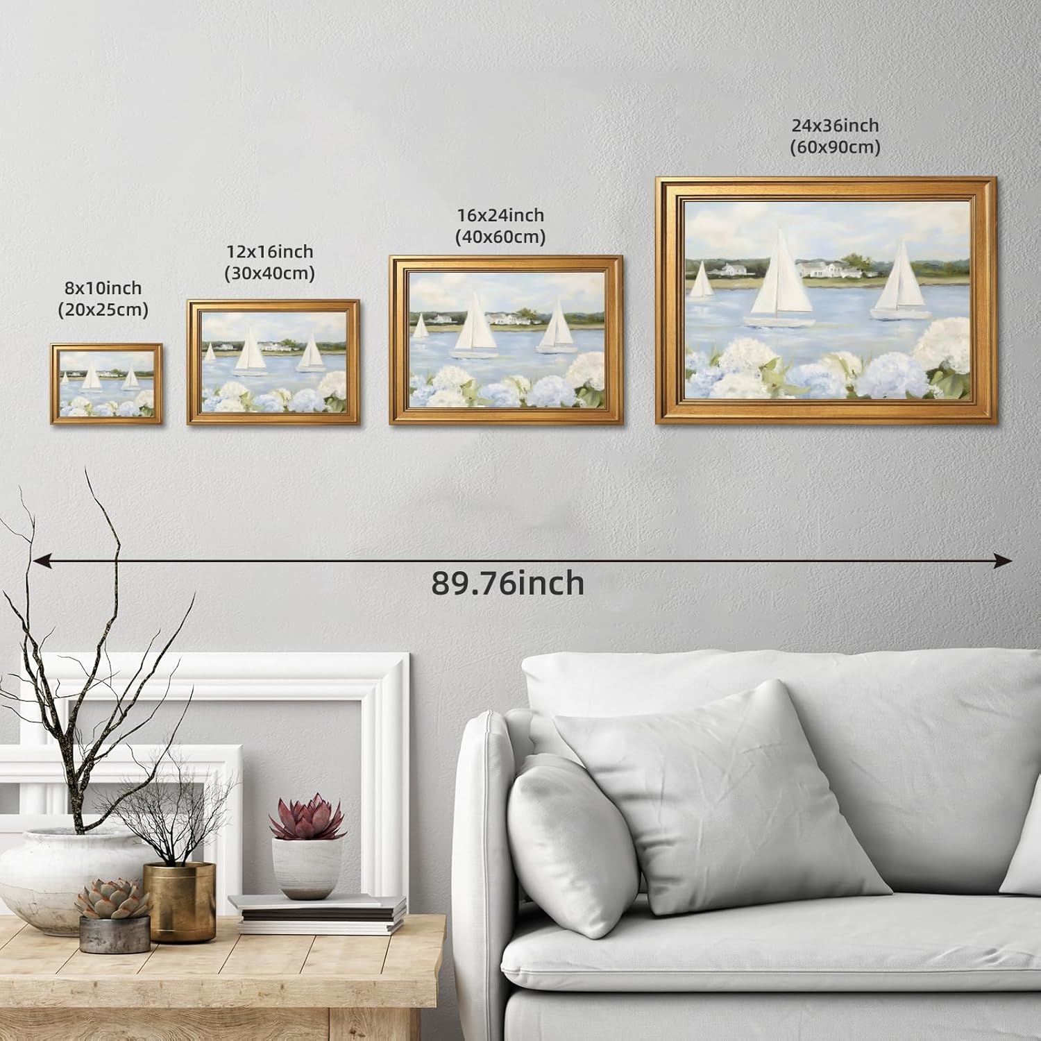 Licpach Grandmillennial Preppy Coastal Wall Art Nautical Sailboat Blue White Floral Canvas Print Vintage Seaside Beachy Cottagecore Decor Posters forBathroom Bedroom Aesthetic 16X24inch Golden Frame